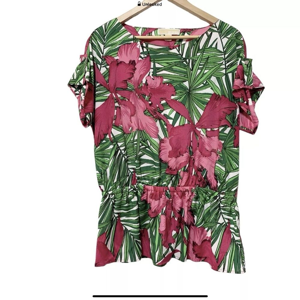 Michael Kors Pink Green Floral Short Tab Sleeve Peplum Top Size 14